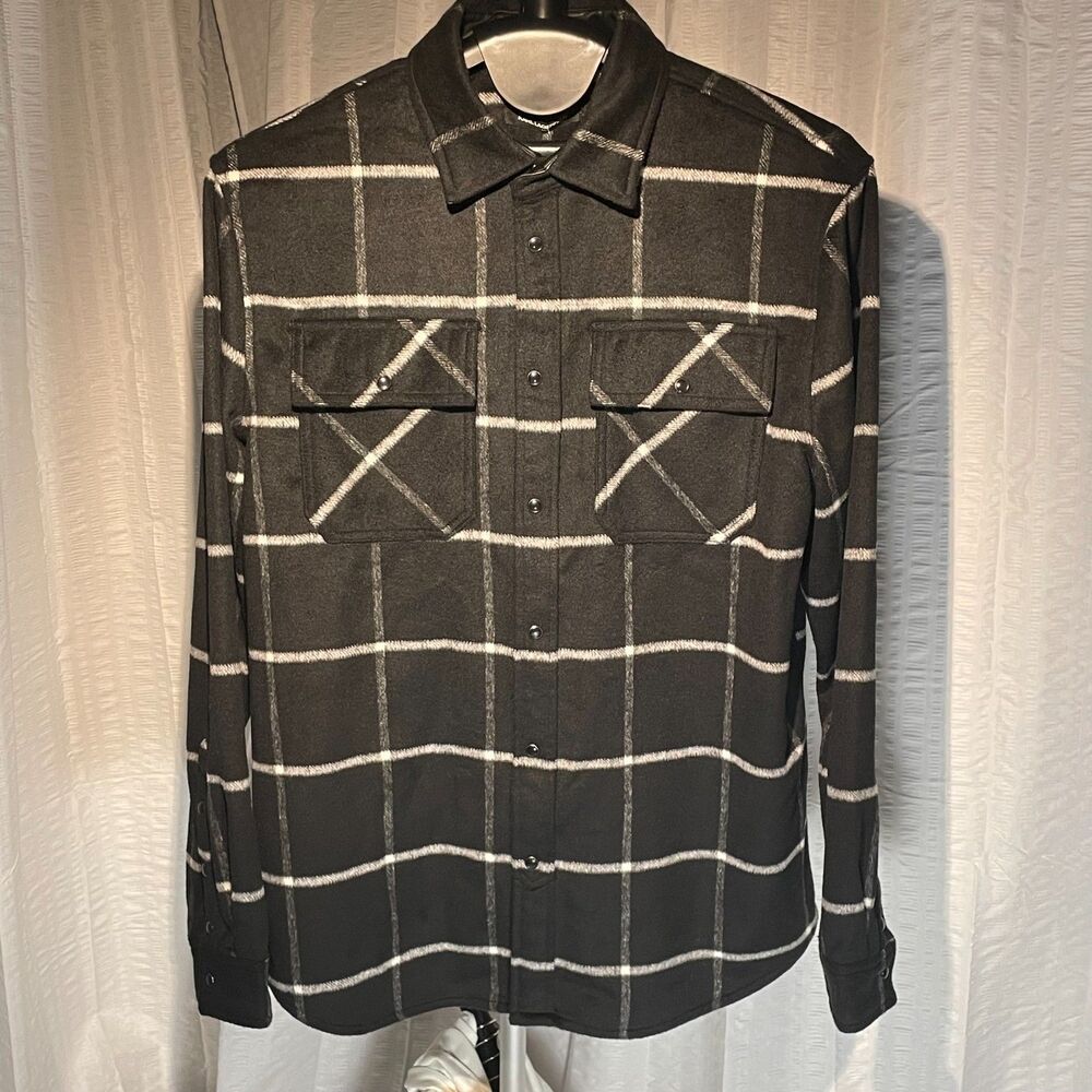 New Karl Lagerfeld Jacket Mens L Button Up Plaid Wool Blend Shacket Pearl Snap